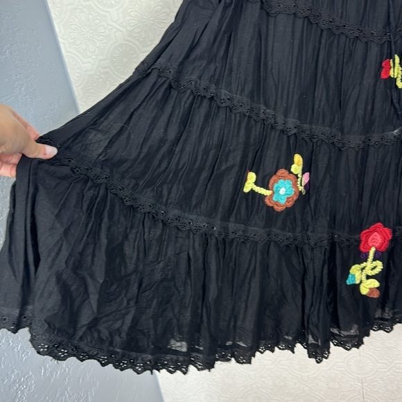 Y2K 90s Vintage Maxi Skirt Goth Whimsical Embroidered Boho Hippie Black Garden - Picture 4 of 5